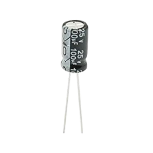 capacitor electrolítico de aluminio, radial de 100 µfd, 25 vcc, 105 °c, 6.3 x 11 mm.