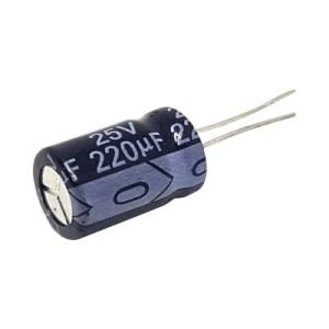 capacitor electrolítico radial de aluminio, 220 µfd, 25 vcc, 105 °c, 8 x 11 mm.