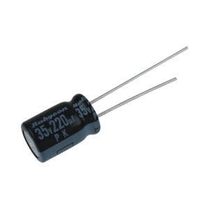 capacitor electrolítico radial en aluminio de 220 µfd, 35 vcc, 105 °c, 10 x 12.5 mm.