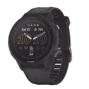 reloj garmin forerunner 955 solar color negro en correa de silicón, con funciones premium de entrenamiento.
