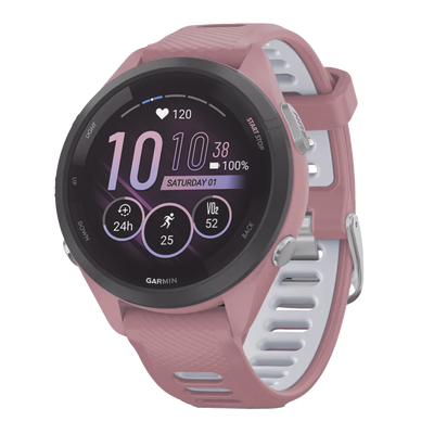 forerunner® 265s, bisel negro con carcasa en rosa y correa de silicona en rosa/gris forerunner® 265s, bisel negro con carcasa en rosa y correa de silicona en rosa/gris
