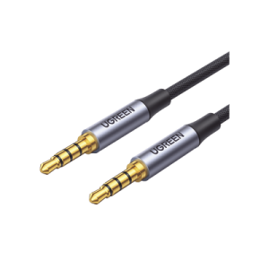 cable auxiliar de 3.5mm / cable audio estéreo / núcleo de alambre de cobre esmaltado / carcasa de aluminio azul + nylon trenzado / soporta micrófono / 2 metros