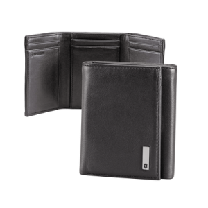 cartera athens negra de piel con compartimento de micromalla para id. doblable en 3 partes con divisor de billetes. pocket wallet