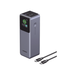 power bank de 25000mah | 3 salidas 200w max. | usb a + 2 usb c | pd 3.0, qc3.0 | fcp | scp | pantalla inteligente | carcasa ignifuga | color gris | incluye cable usb de 50cm | carga tu laptop de manera segura.