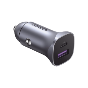 cargador de auto 30w | 2 puertos usb a y usb c | carga rápida | compatible con vehículos de 12 y 24 vcd | pd3.0, qc4.0, scp, pps | indicador led | diseño compacto | chip inteligente | caja de aluminio.