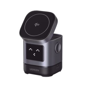 cargador inalámbrico robot 2 en 1 ugreen qi2 / 15w ultra rápido para iphone / 5w para airpods / pantalla inteligente con expresiones / imanes n48h / puerto usb c 5w para apple watch / compatibilidad mpp