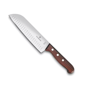 cuchillo santoku wood de 17 cm, filo con alvéolos estilo japonés.