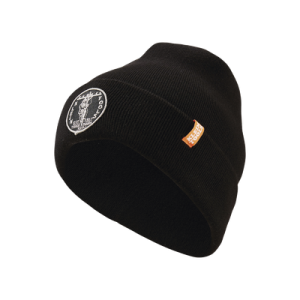 gorro negro de tejido grueso para instaladores, con logo klein tools vintage.