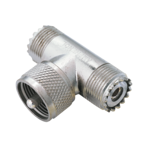 adaptador en "t" amphenol, de uhf macho (pl 259) a doble uhf hembra (so 239) para wp 629, wp 639, wp 641.