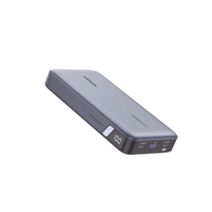 power bank de 25000mah | 3 salidas 145w max. | usb a + 2 usb c | pd 3.0, qc3.0 | fcp | scp | pantalla inteligente | carcasa ignifuga | color gris | incluye cable usb de 50cm | carga tu laptop de manera segura.