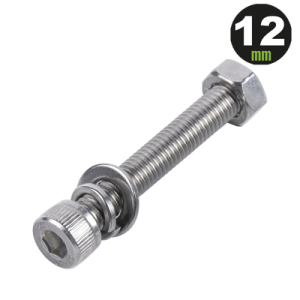 1 tornillo allen milimétrico de acero inoxidable m8 1.25 x 12/ con 1 tuerca, 1 arandela de presión y 1 plana / para montajes de módulos foto voltaicos .