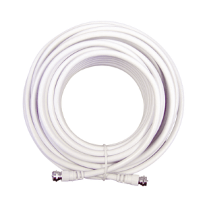 jumper coaxial con cable tipo rg 6 en color blanco de 6.09 metros de longitud y conectores f macho en ambos extremos. 75 ohm de impedancia.