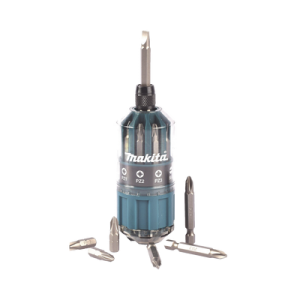 desarmador makita con 18 puntas intercambiables tipo: ph 2, pz 1, pz 2, pz 3, si 4, si 5, si 6.