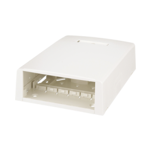 caja de montaje en superficie, con accesorio para resguardo de fibra Óptica, para 12 módulos mini com, color blanco mate