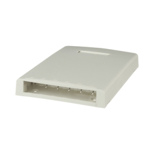 caja de montaje en superficie, con accesorio para resguardo de fibra Óptica, para 6 módulos mini com, color blanco mate