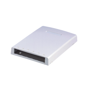 caja de montaje en superficie, con accesorio para resguardo de fibra Óptica, para 6 módulos mini com, color blanco