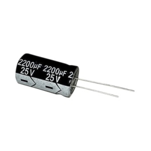 capacitor electrolítico en aluminio, radial de 2200 µfd, 25 vcc, 105 °c, 13 x 25 mm.