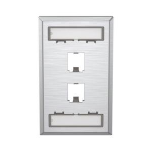 placa de pared vertical, de acero inoxidable, salida para 2 puertos mini com, con espacios para etiquetas