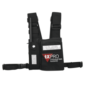 pechera universal con soporte para radio, sostén de bolígrafo y seguridad para la bolsa con cinta adherente. logo tx pro.