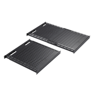charola ventilada de instalación sin herramienta, para rack o gabinetes de 4 postes, ajustable de 900 a 1200 mm de profundidad, de acero, color negro