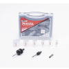 kit de broca sierras (3/4 2 1/4 in) incluye 6 piezas de broca sierras, 2 adaptadores y resorte de expulsión.