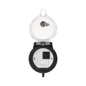 dispositivo circular de puertos de acceso a datos, con dos espacios para módulos mini com y un receptáculo nema 5 15r, protección ip66, de 3" de diámetro