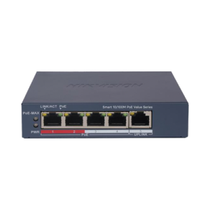 switch poe+ / monitoreable / 4 puertos 10/100 mbps poe+ / 1 puerto 10/100 mbps uplink / configuración nube hik partnerpro / modo extendido hasta 300 metros / 45 w