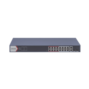 switch poe+ / monitoreable / 16 puertos 10/100 mbps poe+ / 2 puertos 1000 mbps uplink / 2 puertos sfp de uplink / configuración nube hik partner pro / modo extendido hasta 300 metros / 230 w