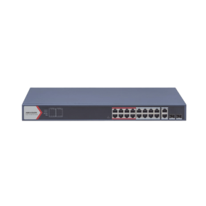 switch poe+ / monitoreable / 16 puertos 10/100 mbps poe+ / 2 puertos 1000 mbps uplink / 2 puertos sfp de uplink / configuración nube hik partner pro / modo extendido hasta 300 metros / 230 w