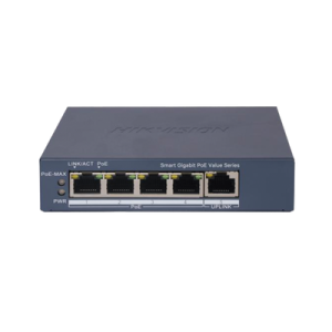 switch gigabit poe+ / monitoreable / 4 puertos 1000 mbps poe+ / 1 puerto 1000 mbps uplink / configuración nube hik partnerpro / modo extendido hasta 300 metros / 45 watts