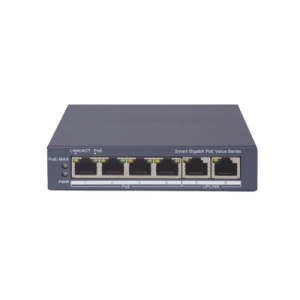 switch gigabit poe+ / administrable / 4 puertos 1000 mbps poe+ / 2 puertos 1000 mbps uplink / configuración nube hik partnerpro / modo extendido hasta 300 metros / 45 watts