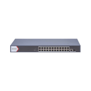 switch gigabit poe+ / monitoreable / 24 puertos 1000 mbps poe+ / 1 puerto 100 uplink / 1 puerto 1000 mbps uplink / 1 puertos sfp uplink / configuración nube desde hik partnerpro / modo extendido hasta 300 metros / 370 w