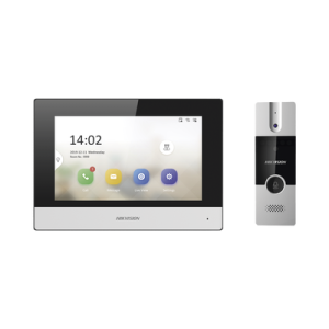 kit de videoportero híbrido de plastico / ip a 4 hilos con función de llamada a app hik connect / monitor se conecta a internet por cable o wifi y por 4 hilos al frente de calle / expandible a mas equipos