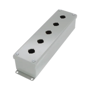 gabinete tipo pushbutton, de 5 botones de 22.5 mm, nema 12, ip65, de 317 x 83 x 70 mm, de acero, color gris