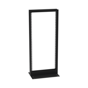 rack de 2 postes (doble perforación), estándar 19", 24 unidades, fabricado en acero, base "l" para anclar a piso.