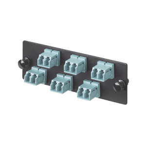 placa acopladora de fibra optica fap, con 6 conectores lc duplex (12 fibras), para fibra multimodo om3/om4, color aqua