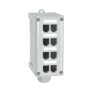 panel de parcheo modular para fibra Óptica, de instalación en riel din estándar de 35mm, 8 puertos mini com, color gris
