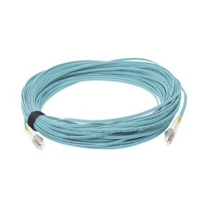 jumper de fibra Óptica multimodo 50/125 xglo om3, lc lc duplex, ofnr, color aqua, 30 metros
