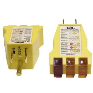 probador de fase. verificador de correcta polarización de fase y neutro a tierra en color amarillo. para 120 vca