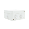 caja estanca de pvc para derivación y conexión, 6 entradas, tapa con tornillo de 1/4" de vuelta, 100x100x50 mm (Área interna), uso exterior ip55, material que no propaga el fuego y libre de hálogenos