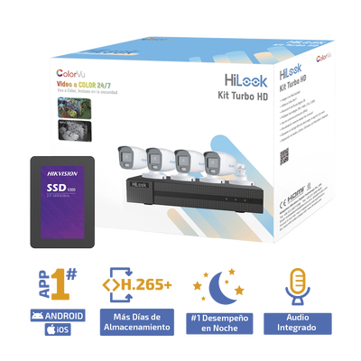 kit turbohd 1080p + ssd 500 gb / dvr 4 canales / 4 cámaras bala colorvu con micrófono integrado / fuente de poder / accesorios de instalación kit turbohd 1080p + ssd 500 gb / dvr 4 canales / 4 cámaras bala colorvu con micrófono integrado / fuente de poder / accesorios de instalación