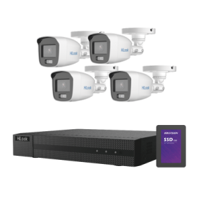 kit turbohd 1080p + ssd 500 gb / dvr 4 canales / 4 cámaras bala colorvu con micrófono integrado / fuente de poder / accesorios de instalación