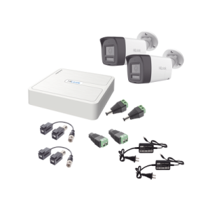 kit hilook audio bidireccional turbohd 1080p / dvr 4 canales / 2 cámaras bala (exterior) con bocina y microfóno integrado / 2 fuentes de poder / accesorios