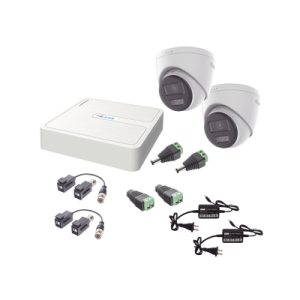 kit hilook audio bidireccional turbohd 1080p / dvr 4 canales / 2 cámaras turret (exterior) con bocina y microfóno integrado / 2 fuentes de poder / accesorios