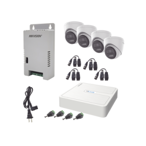 kit hilook audio bidireccional turbohd 1080p / dvr 4 canales / 4 cámaras eyeball (exterior) con bocina y microfóno integrado / 1 fuente de poder / accesorios