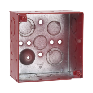 caja cuadrada galvanizada de 4" /profundidad de 2 1/8" / cuenta con 11 ko de 1/2" y 6 tko (1/2" 3/4")/ color rojo.