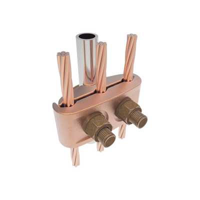 conector mecánico para 3 cables para calibre 2/0 awg 250 kcmil a tubería de 3/8" o varilla 5/8" 3/4". conector mecánico para 3 cables para calibre 2/0 awg 250 kcmil a tubería de 3/8" o varilla 5/8" 3/4".