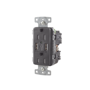 contacto dúplex con 2 puertos usb, 15a 125v, 2 polos, 3 hilos, color negro.