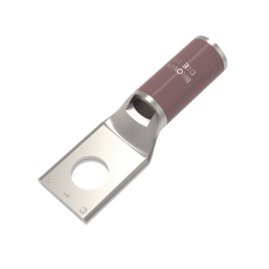 zapata terminal de compresión de cobre electrolítico estañado de cañón corto para tornillo de 1/2" y calibre 2 awg.