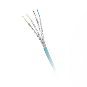 bobina de cable blindado s/ftp categoría 6a, uso industrial con resistencia al aceite, rayos uv y abrasión, multifilar (flexible), color azul cerceta, bobina de 500m